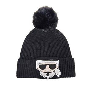 Karl Lagerfeld Black Beanie with Pom Pom
